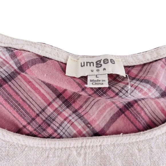 Umgee Womens Fringe dress  Hem Short Sleeve Plaid Contrast Tunic Top Beige & Pin - Picture 2 of 5